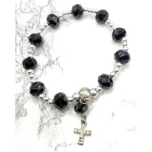 Black Glass Bead Stretch Bracelet Silver Beads Rhinestone Cross Charm Faith